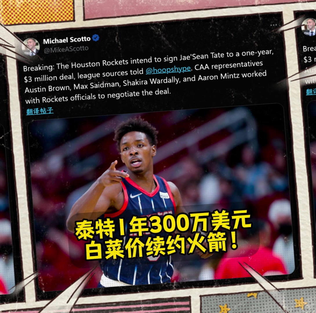 这真是白菜价名记泰特预计1年300万美元续约火箭