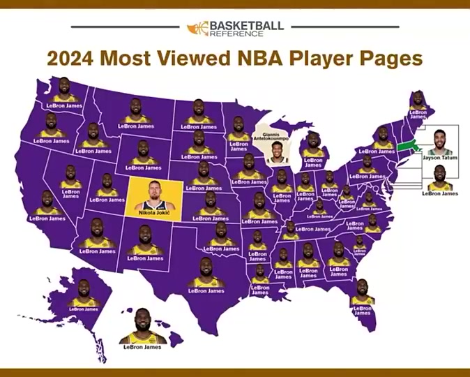 24年各州球员资料浏览次数最多球员全美只有三个州不是詹姆斯
