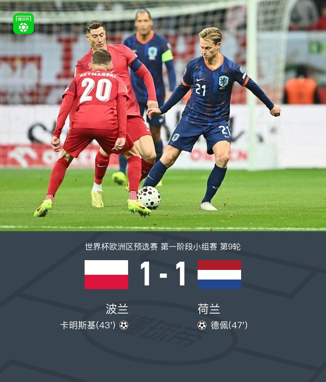 荷兰客场1-1波兰，德佩、卡明斯基破门，莱万送助攻