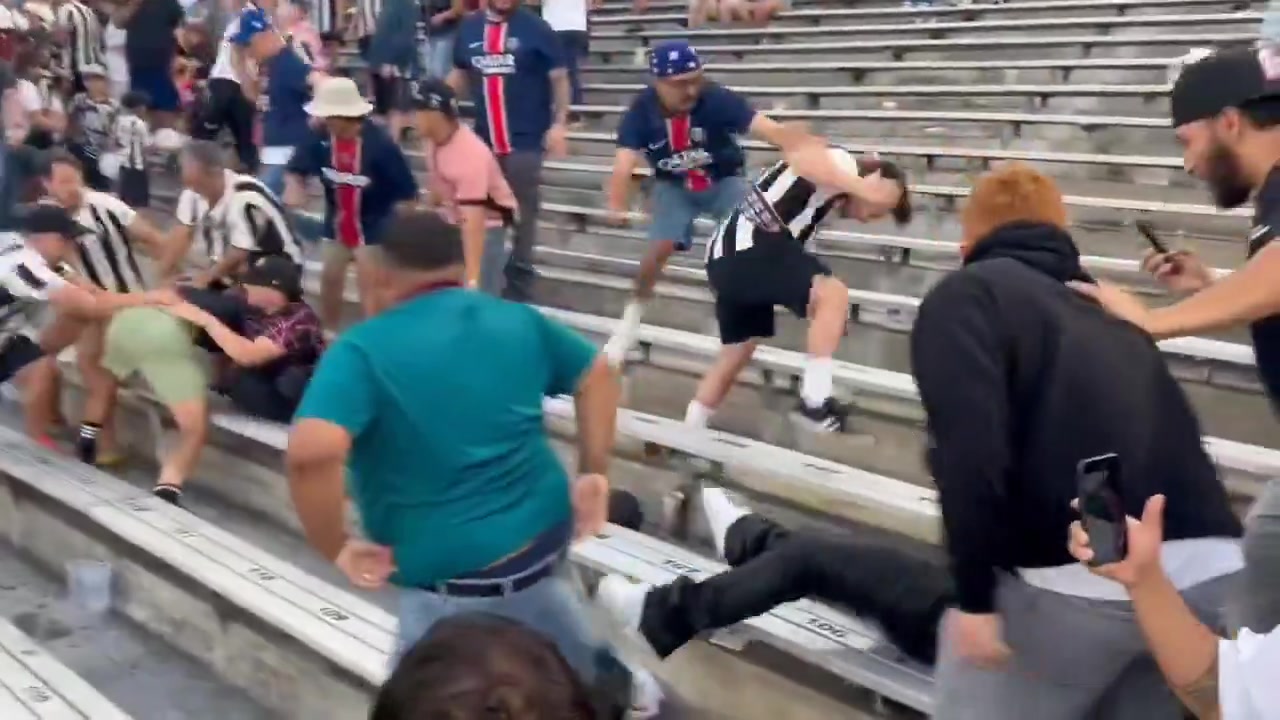 巴黎场内场外打不过博塔弗戈啊看台上巴黎球迷被揍得有点惨